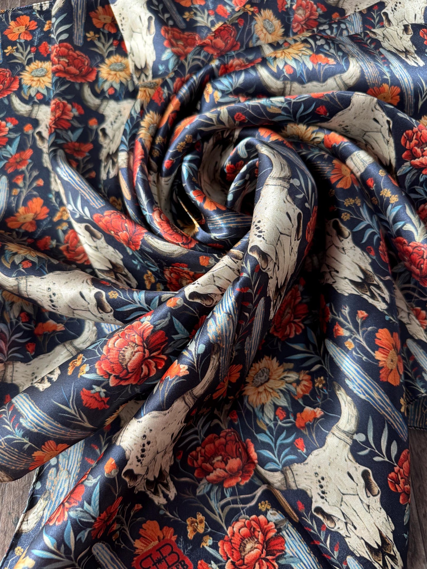 100% Silk Wild Rag Navy Blue Cow skulls and Cactus Double B Wild Rags