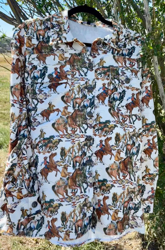 Vintage Corduroy Cowboy Shirt: Women's Western Print Button-Up