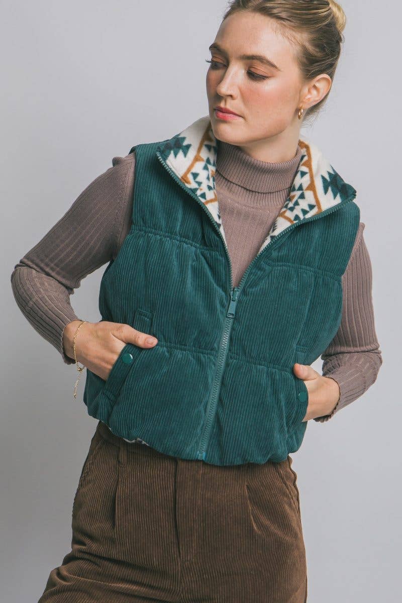 Reversible Corduroy Puffer Vest - 2 colors available