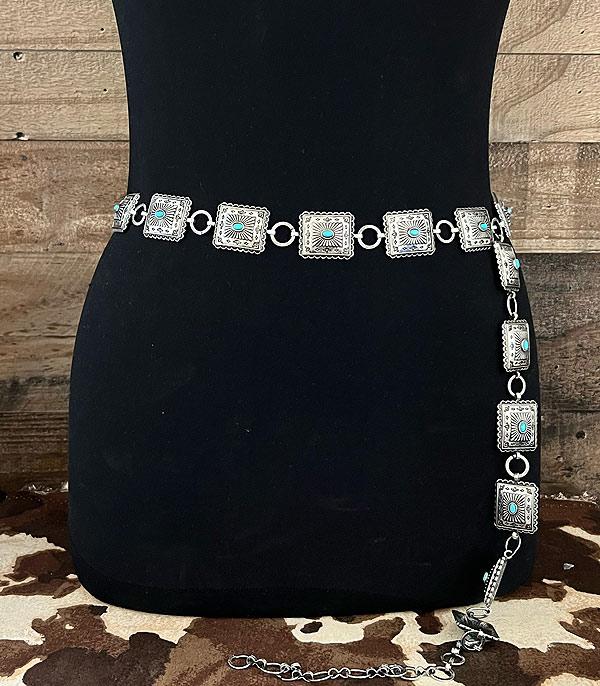 Square Dance Western Concho Belt — Adjustable with Turquoise (Small/Medium)
