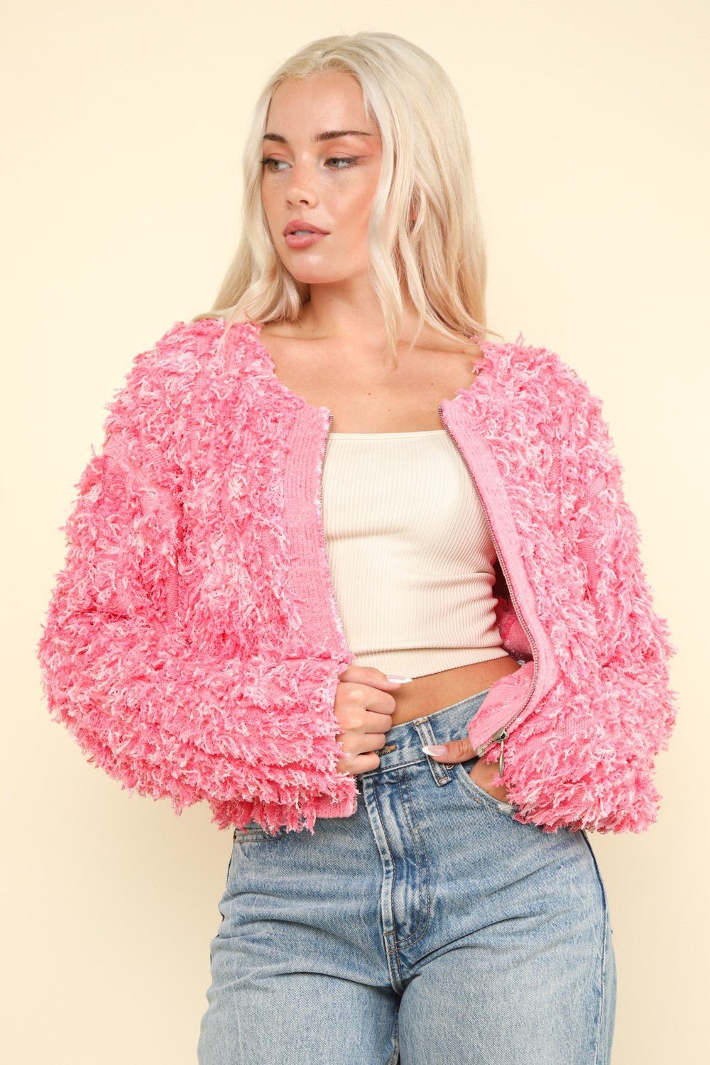 VERY J Shaggy Yarn Knit Zip Up Jacket - SmorgeousByGina