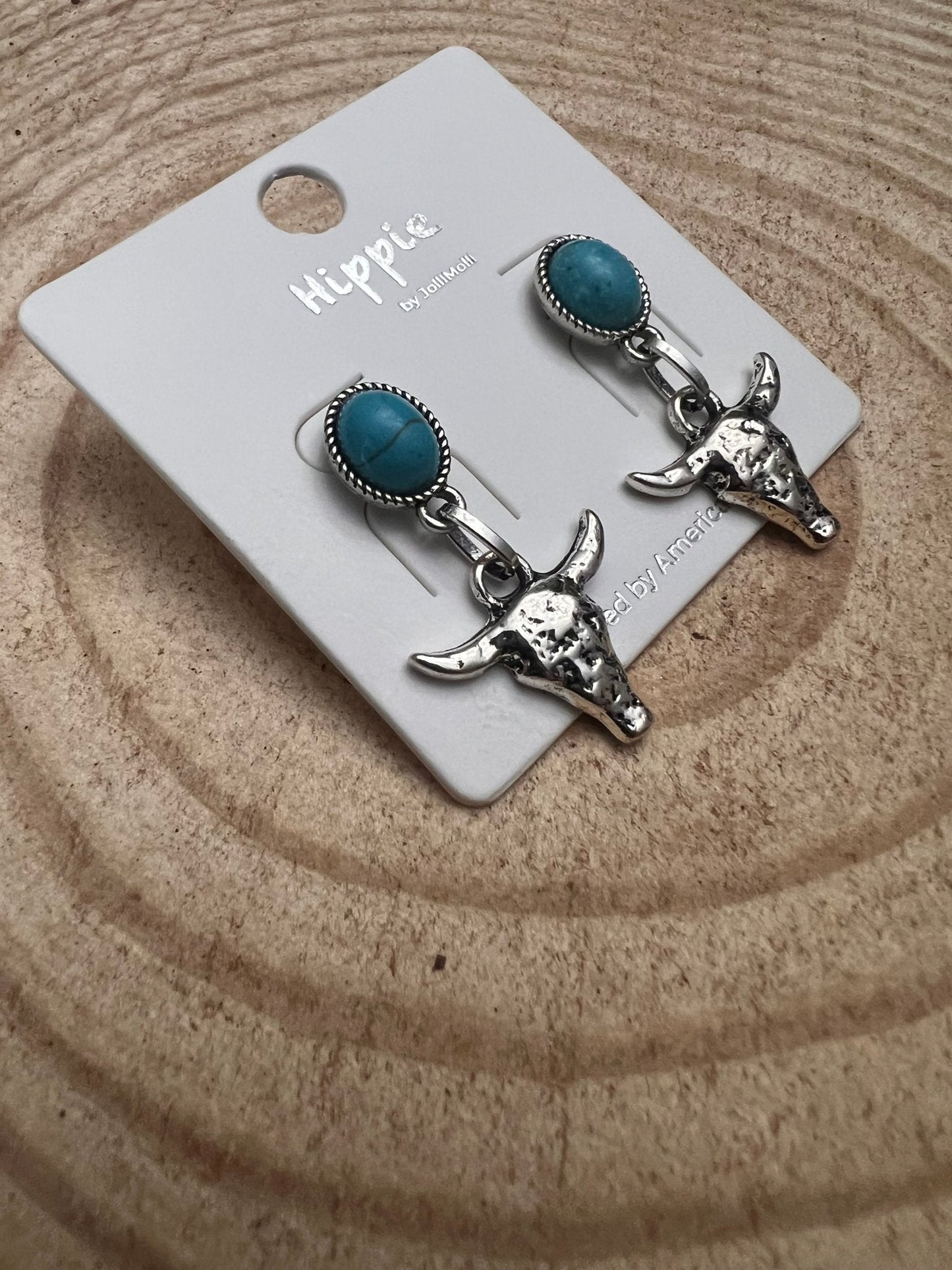 Western Bull Skull Dangle Earrings with Faux Turquoise - 1 1/2 inch drop