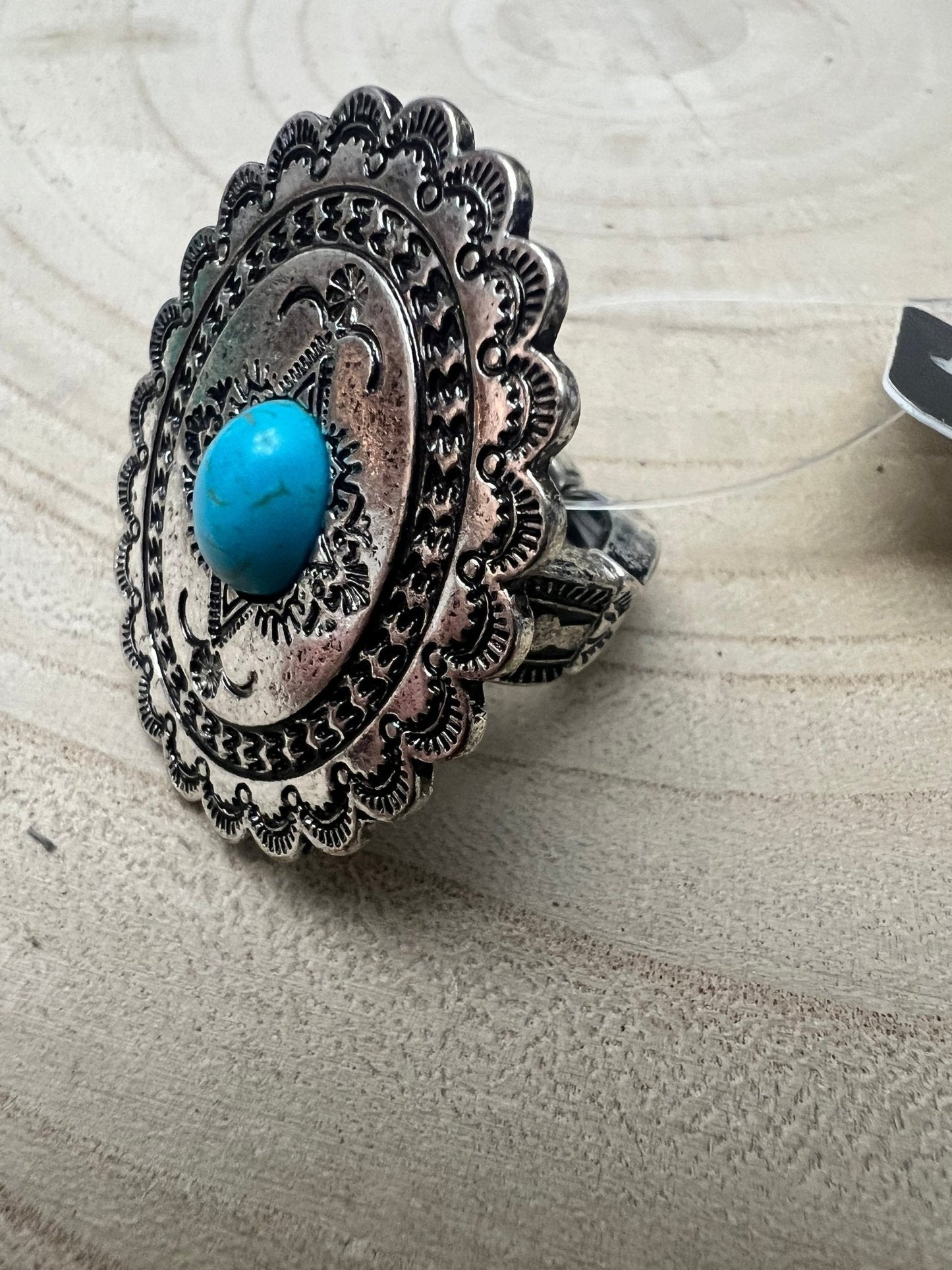 Western Concho and Faux Turquoise Stretch Ring - Statement Size