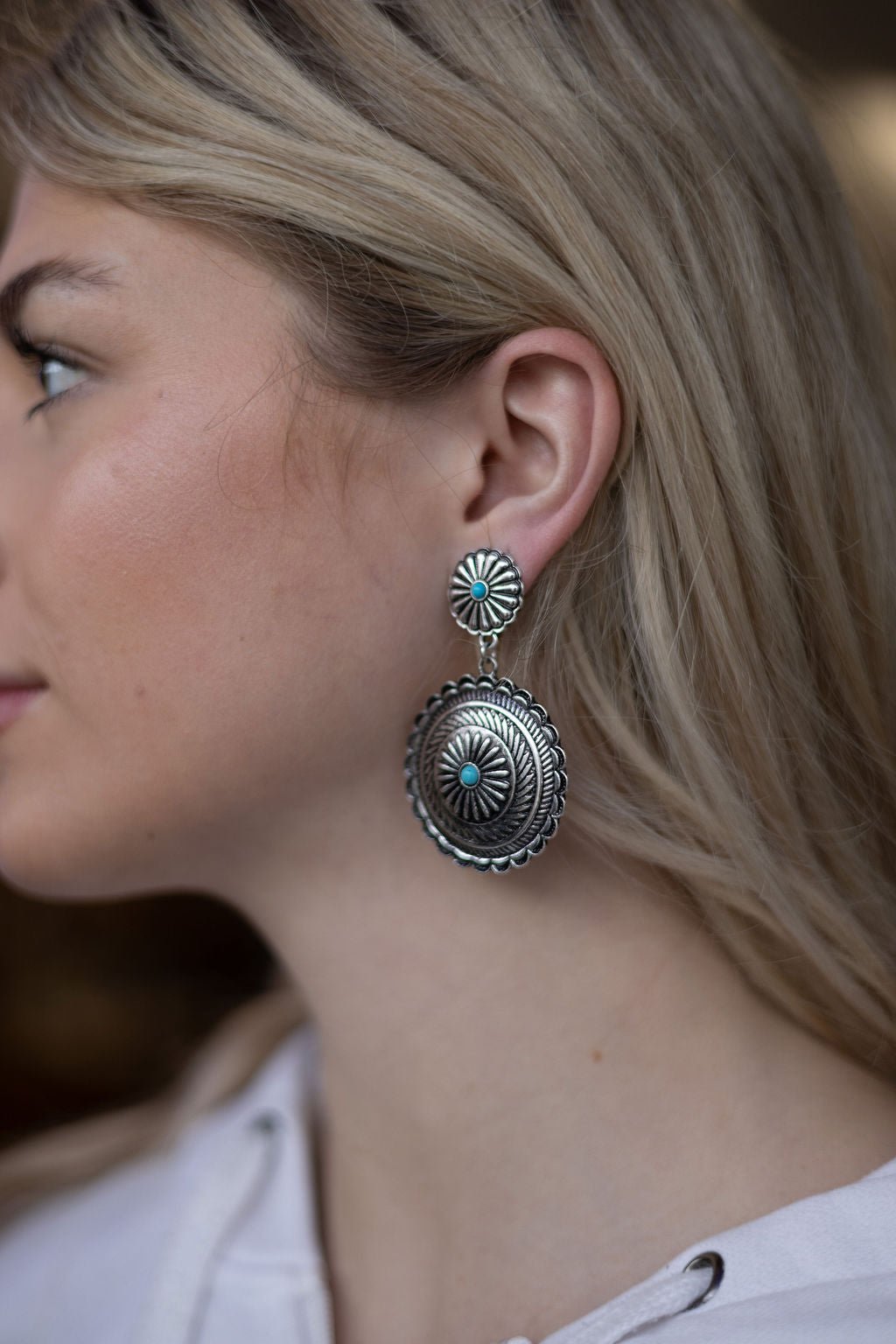 Western Concho Dangle Earrings with Faux Turquoise