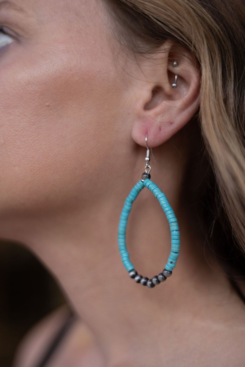 Western Teardrop Earrings with Faux Turquoise - 2 1/2 inch drop