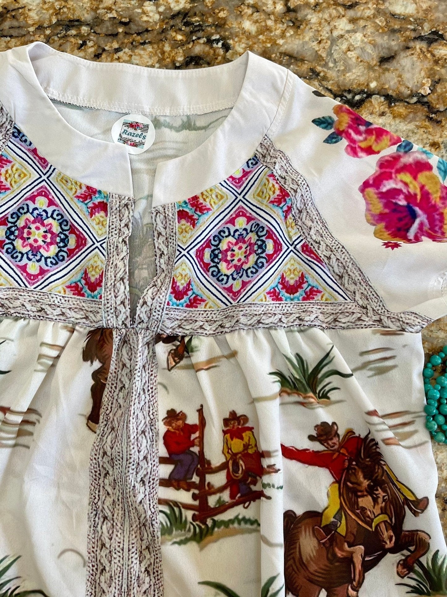 Womens Retro Cowboy Blouse, Flowers and Vintage Cowboy Shirt