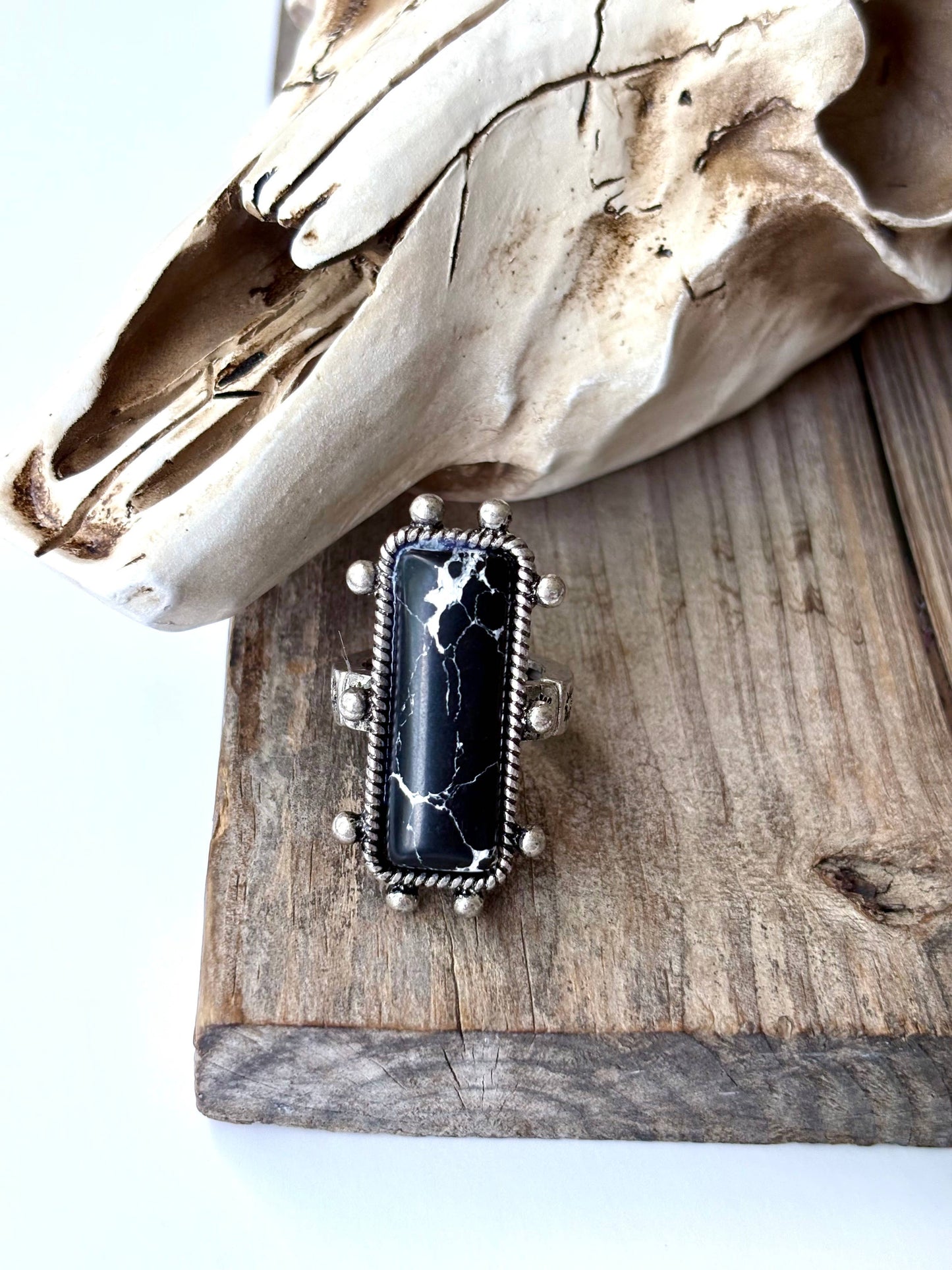 Western Rectangle Bar Concho Marble Stone Stretch Band Ring