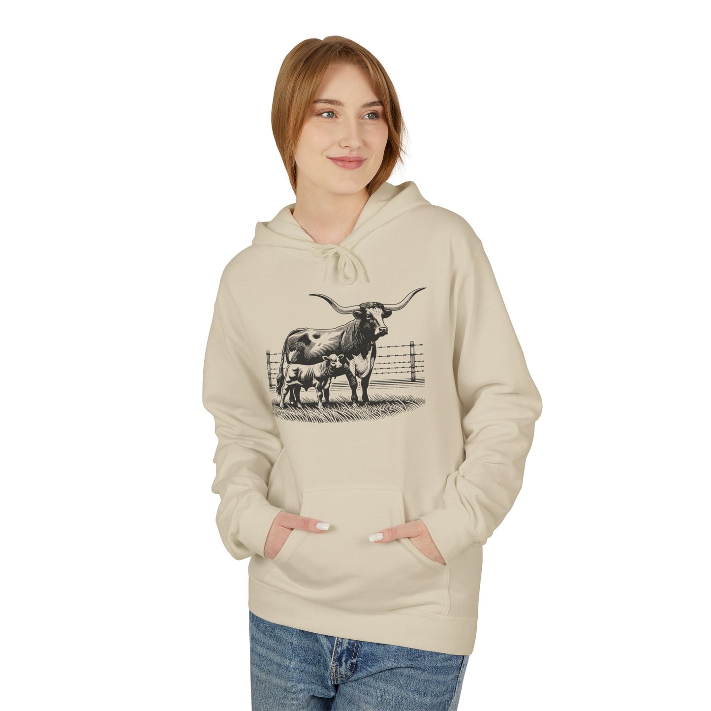 Longhorn Cattle Sketch Hoodie — Western Ranch Farm Animal Sweatshirt