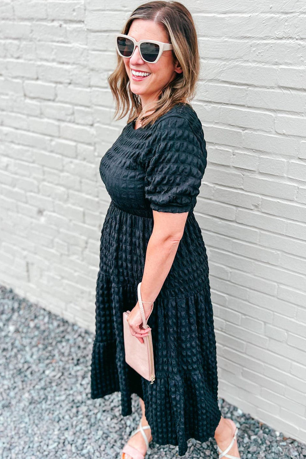 Black Plus Size Textured Tiered Short Sleeve Maxi Dress