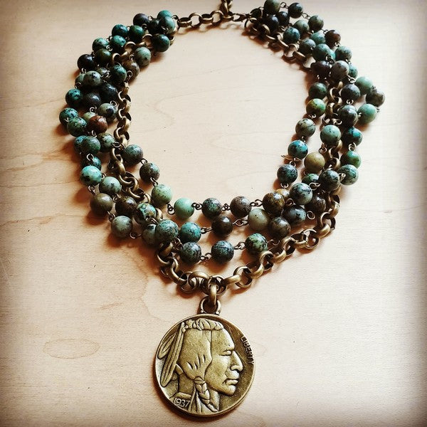 African Turquoise collar Length Necklace with Coin