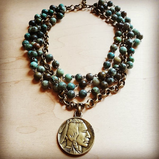African Turquoise collar Length Necklace with Coin