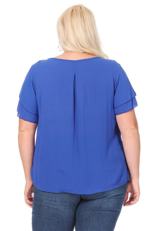 Plus Size, Short Flutter Sleeve Keyhole Blouse