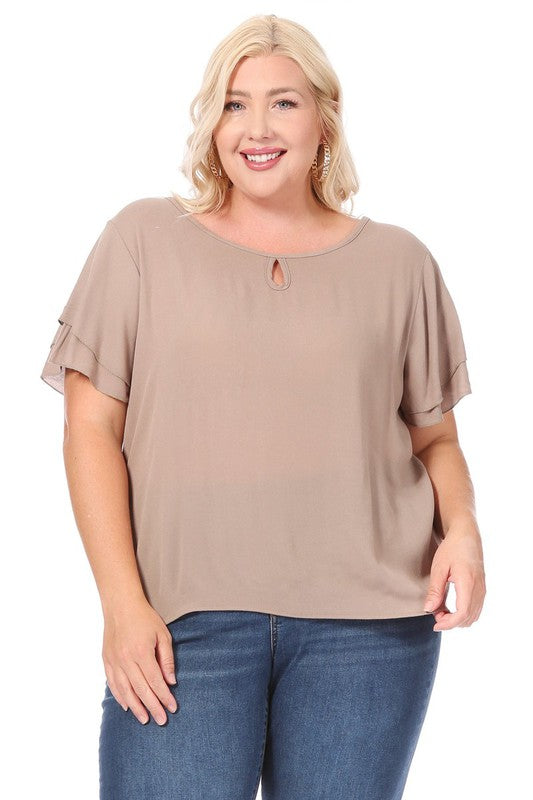 Plus Size, Short Flutter Sleeve Keyhole Blouse