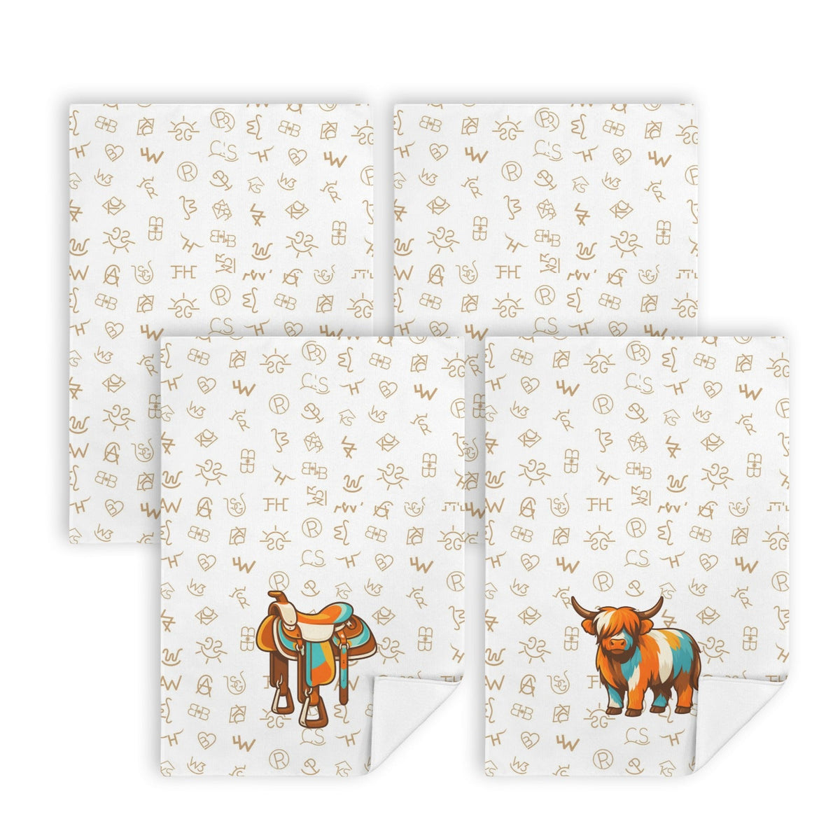 Baha Ranch Set of 4 Minimalistic Western Highland Cow Cattle Brands Kitchen Towels Made in America