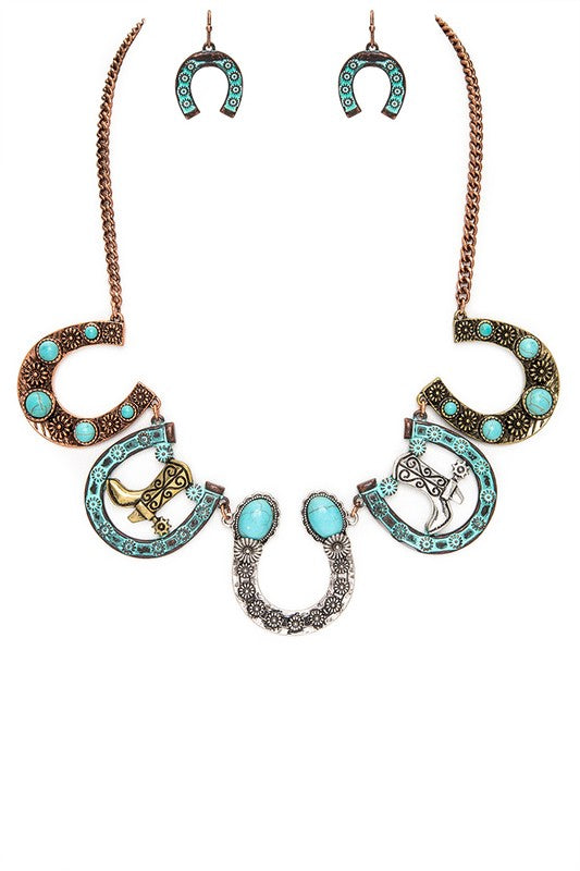 Cowboy Boots Horse Shoe Statement Necklace Set