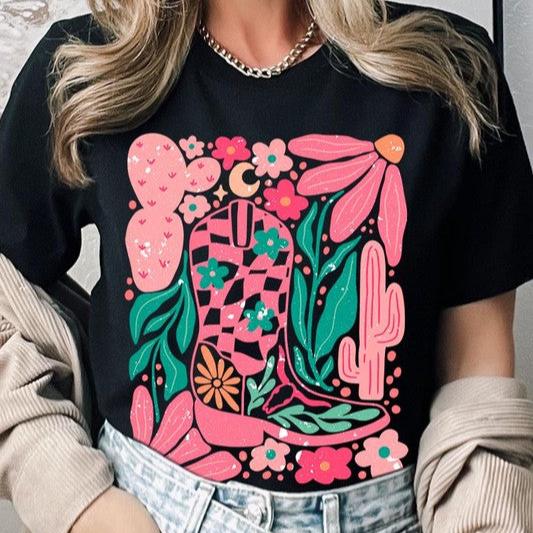 Boho Cowgirl Boot Floral Graphic T Shirts