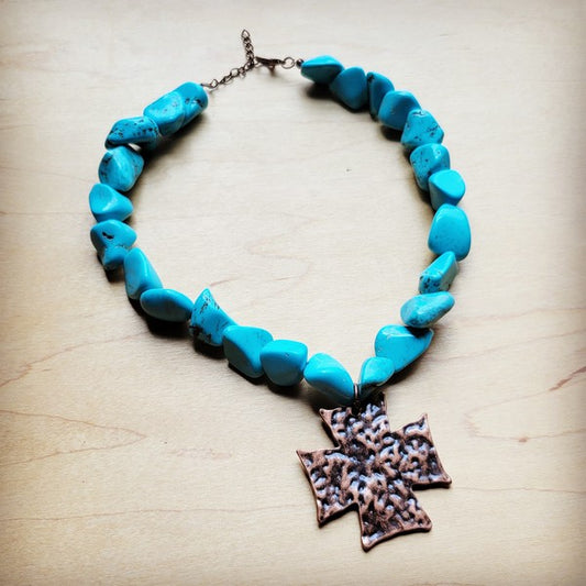 Copper Cross Chunky Blue Turquoise Collar Necklace Cross Pendant