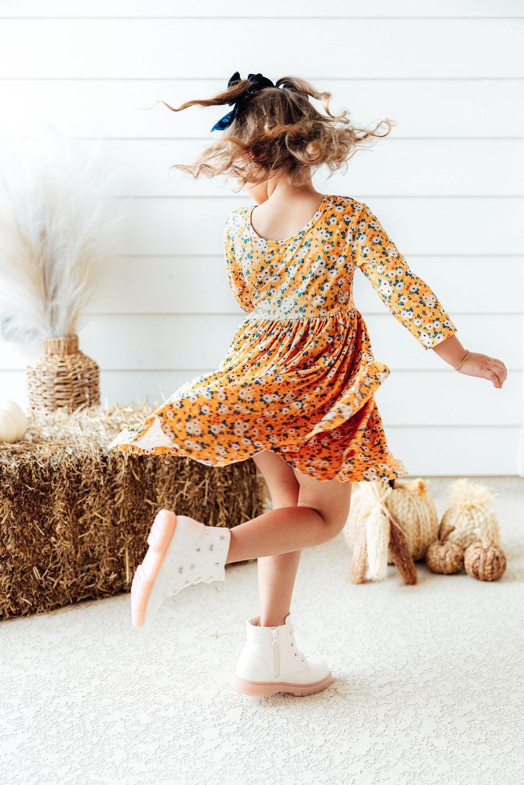 SALE Fall Floral 3/4 Sleeve Pocket Twirl Dress