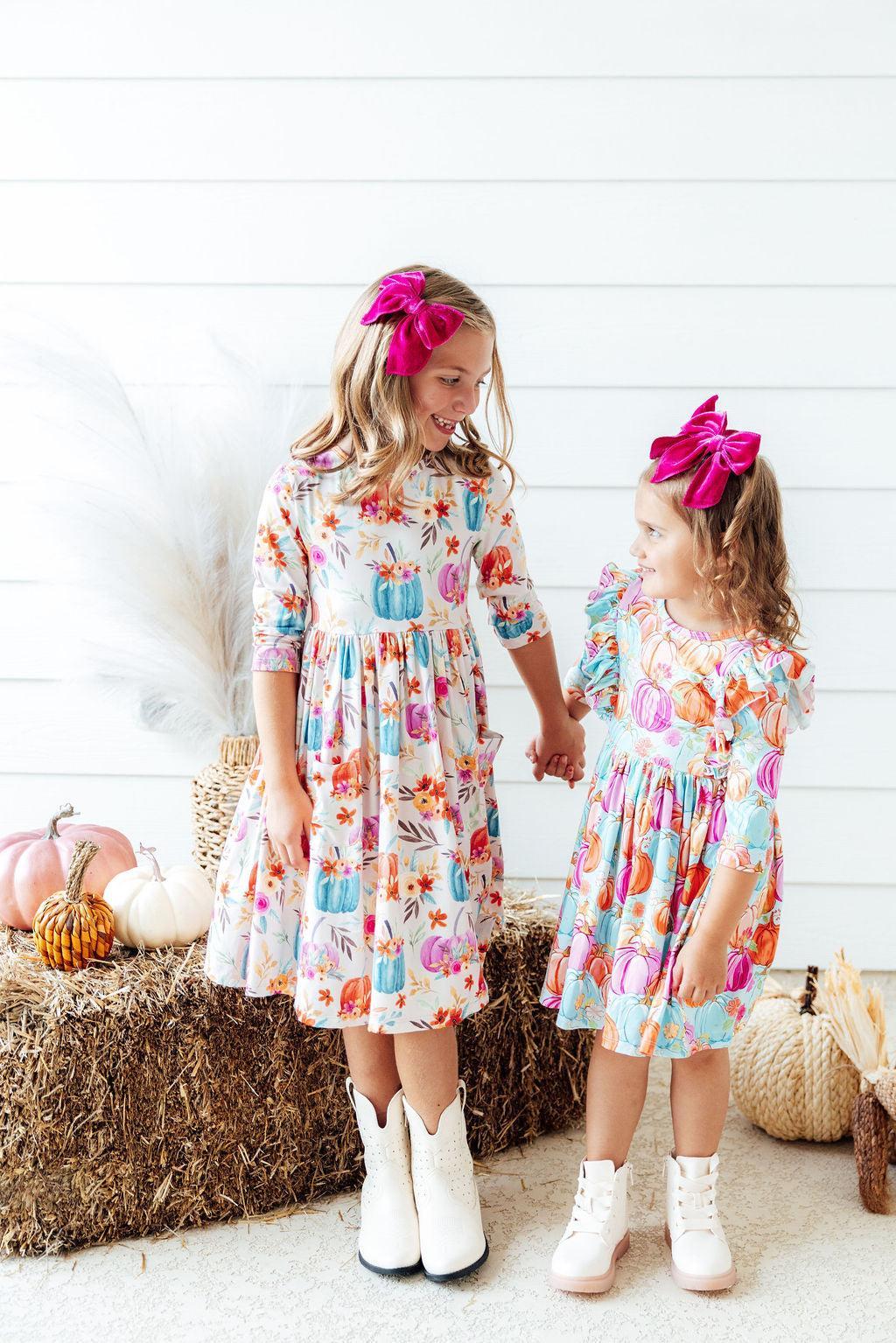 Harvest Blooms 3/4 Sleeve Pocket Twirl Dress