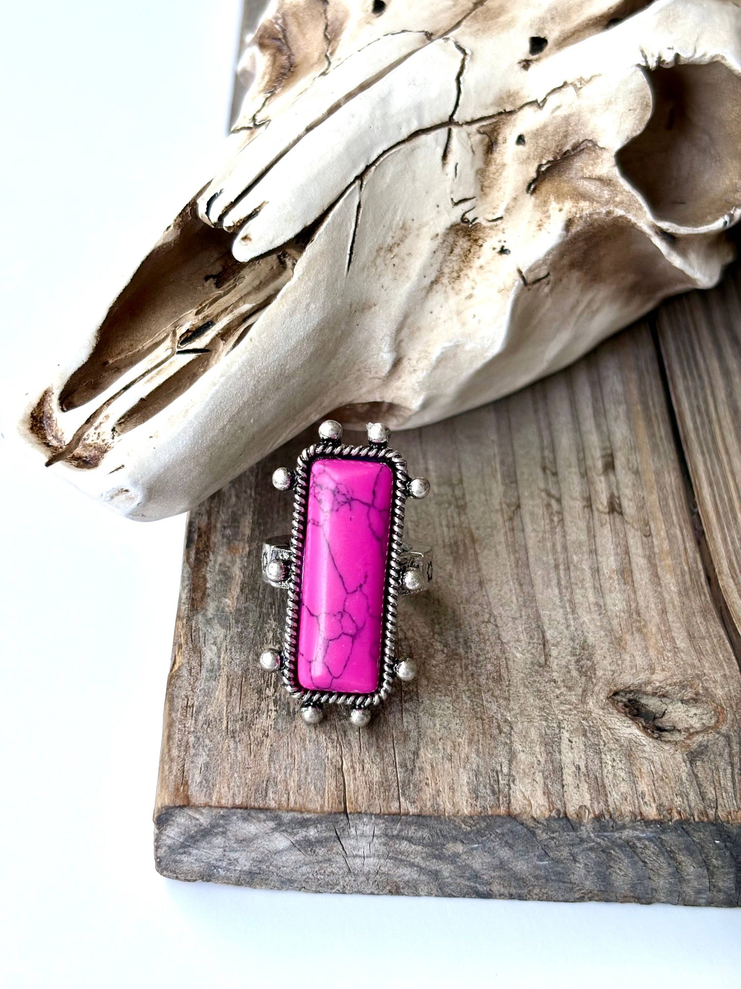 Western Rectangle Bar Concho Marble Stone Stretch Band Ring