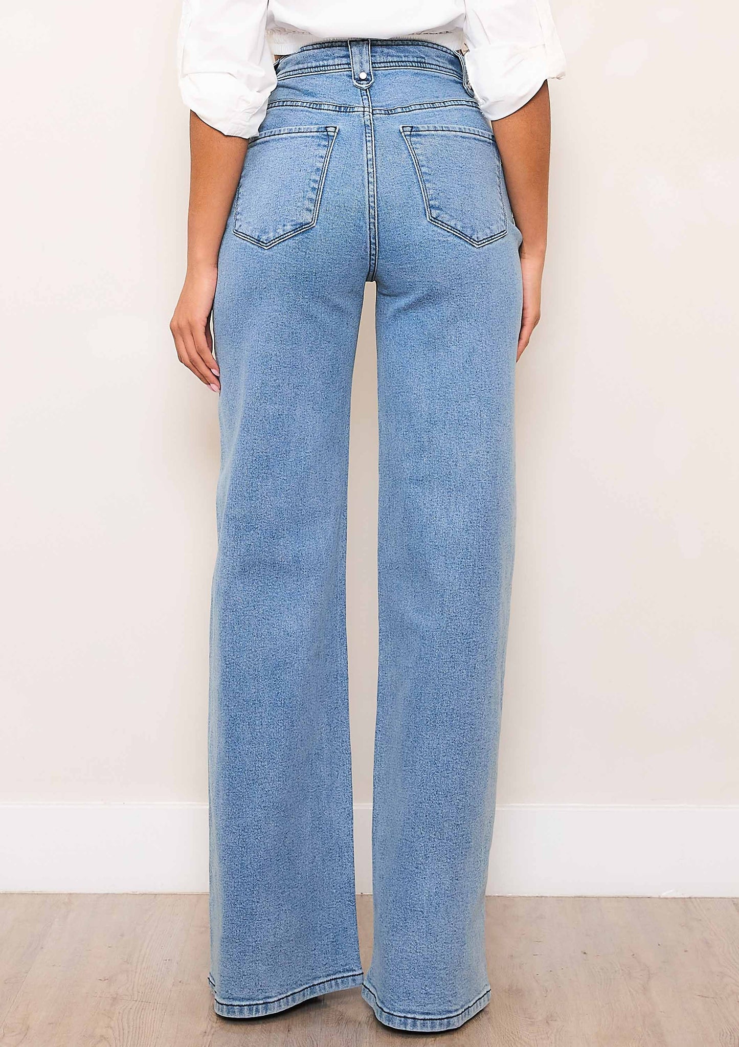 High-Rise Wide Leg Jeans With Waist Snap Button