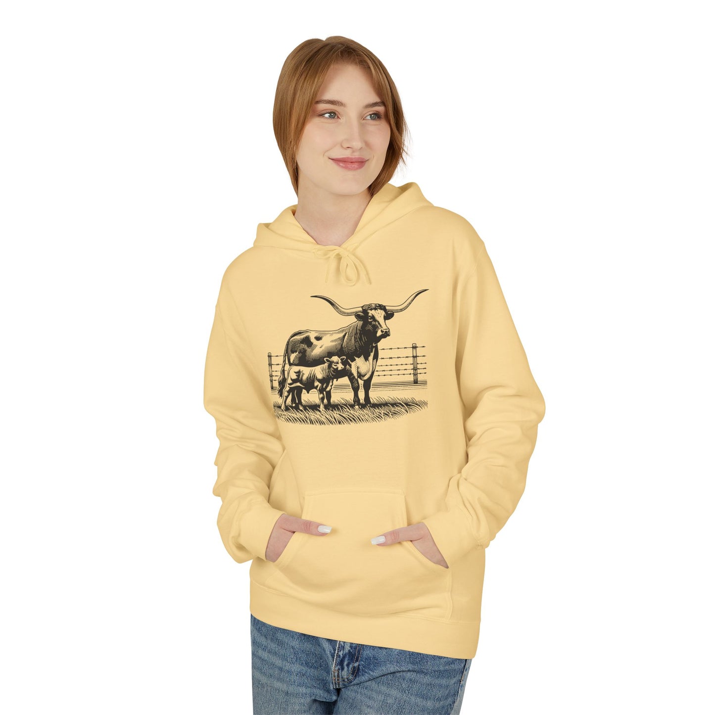 Longhorn Cattle Sketch Hoodie — Western Ranch Farm Animal Sweatshirt