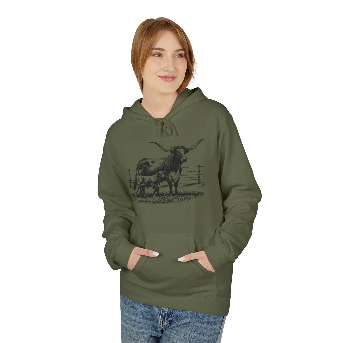 Longhorn Cattle Sketch Hoodie — Western Ranch Farm Animal Sweatshirt