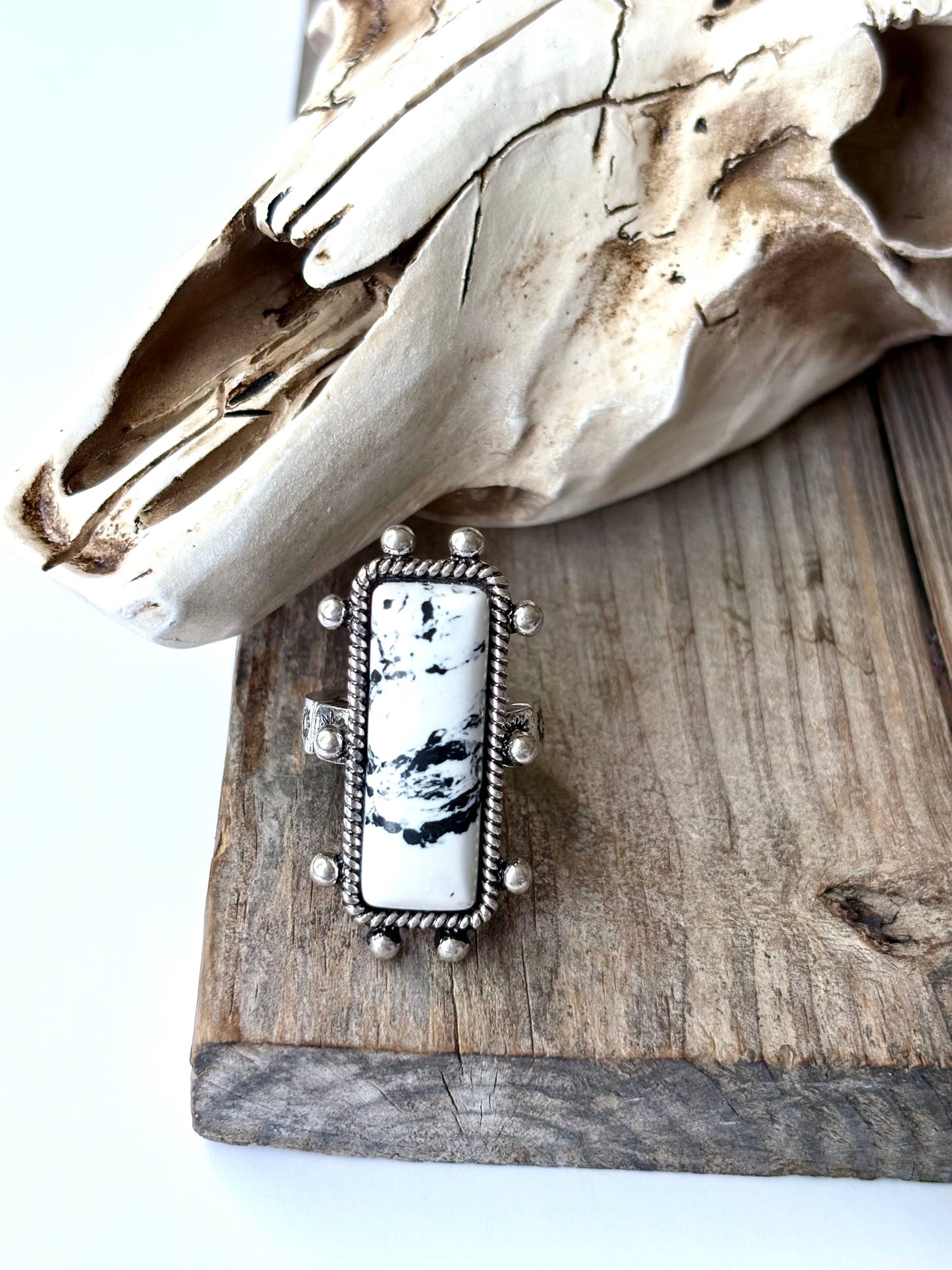 Western Rectangle Bar Concho Marble Stone Stretch Band Ring