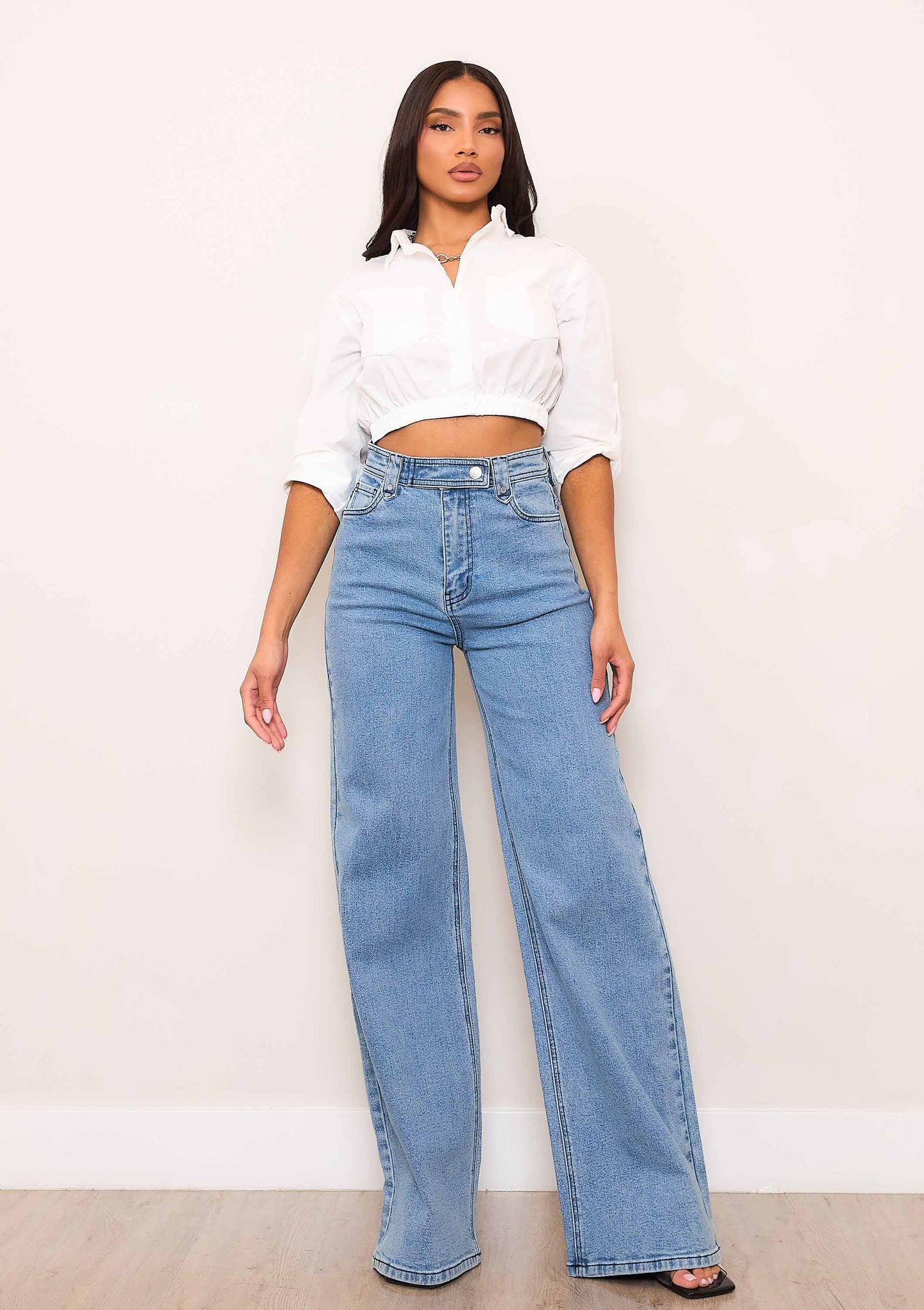 High-Rise Wide Leg Jeans With Waist Snap Button