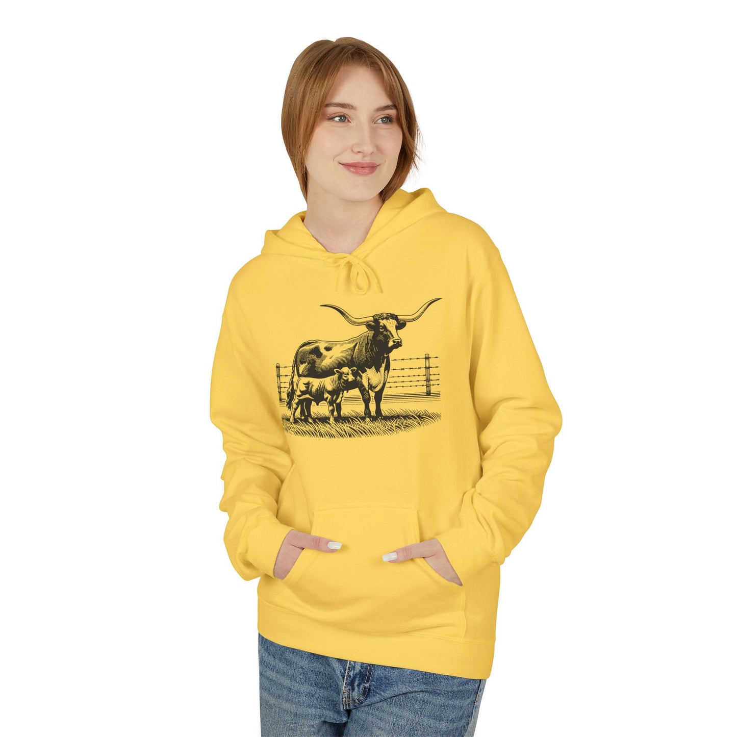 Longhorn Cattle Sketch Hoodie — Western Ranch Farm Animal Sweatshirt