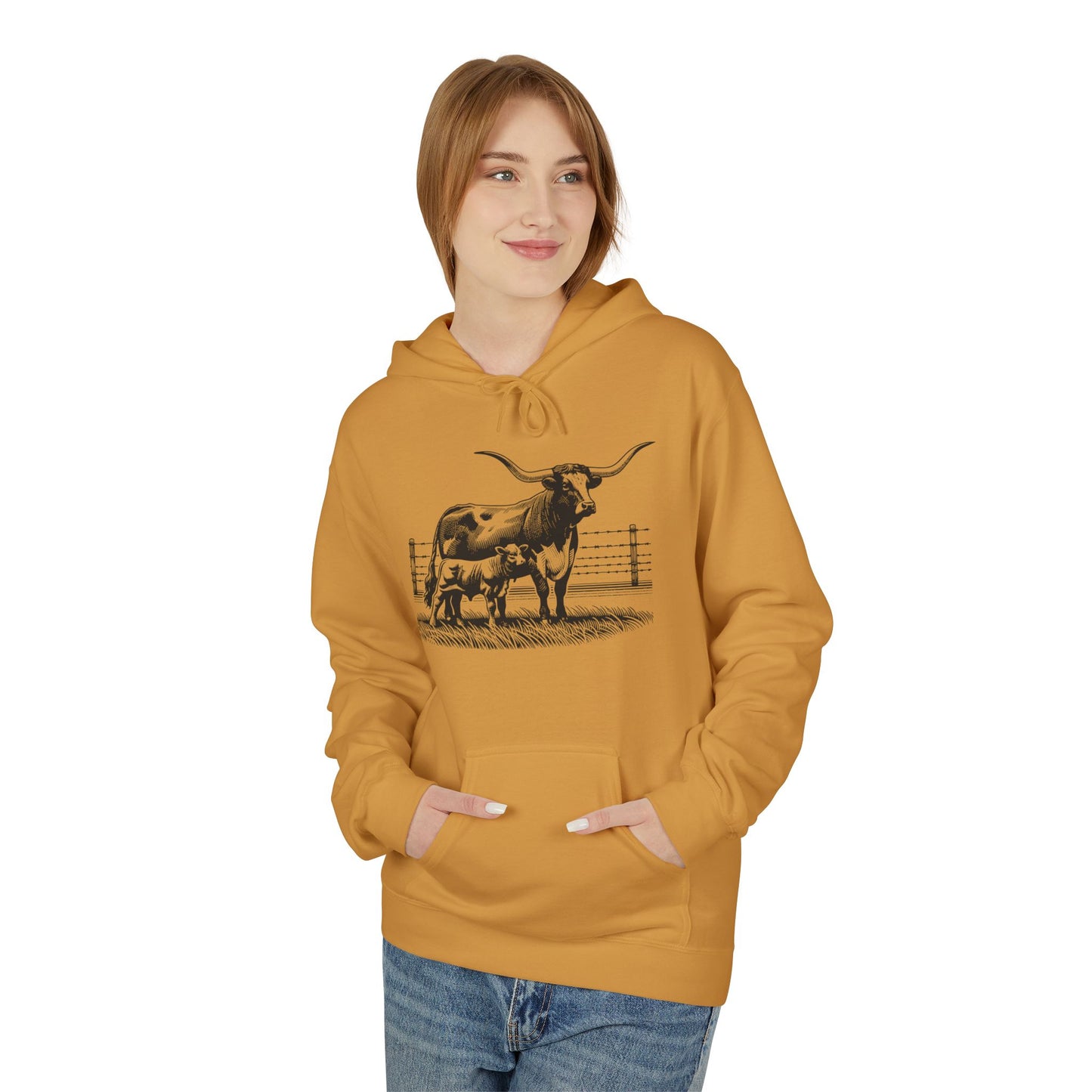 Longhorn Cattle Sketch Hoodie — Western Ranch Farm Animal Sweatshirt