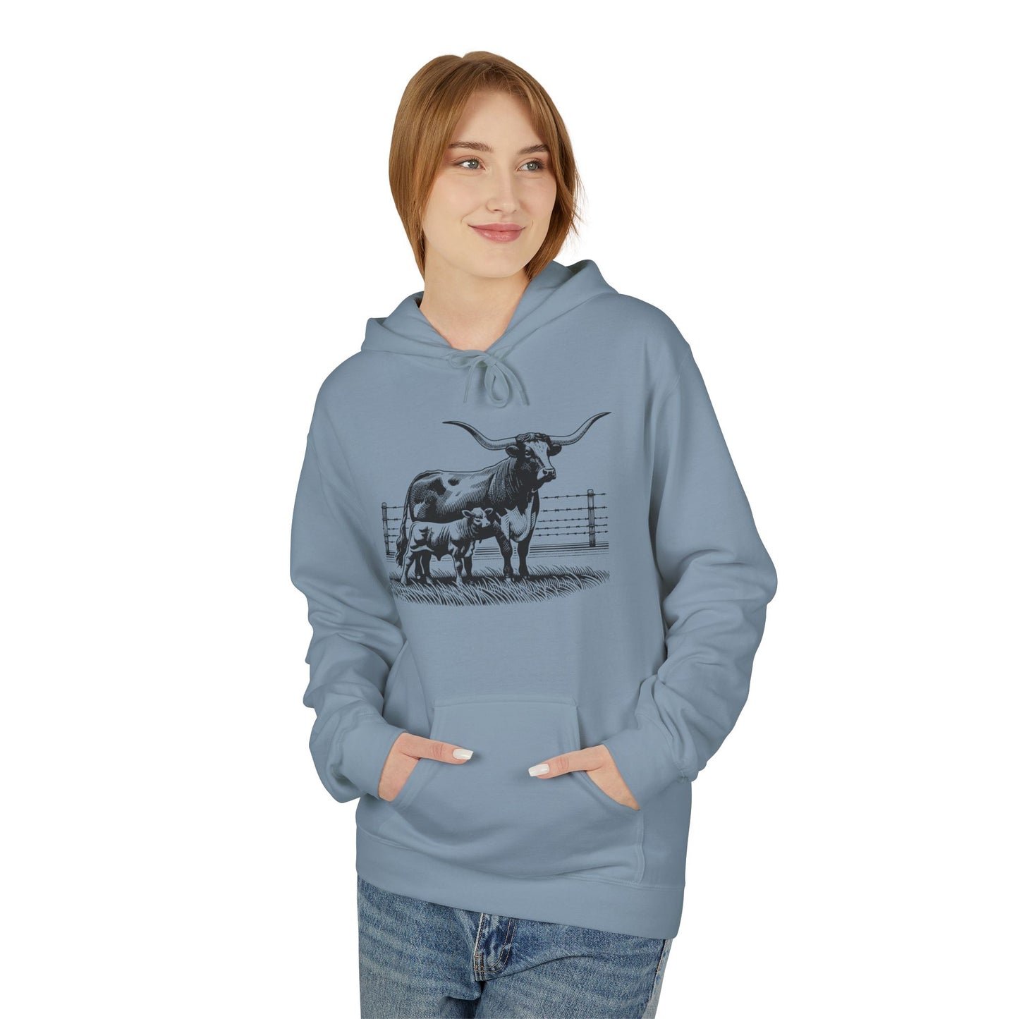 Longhorn Cattle Sketch Hoodie — Western Ranch Farm Animal Sweatshirt
