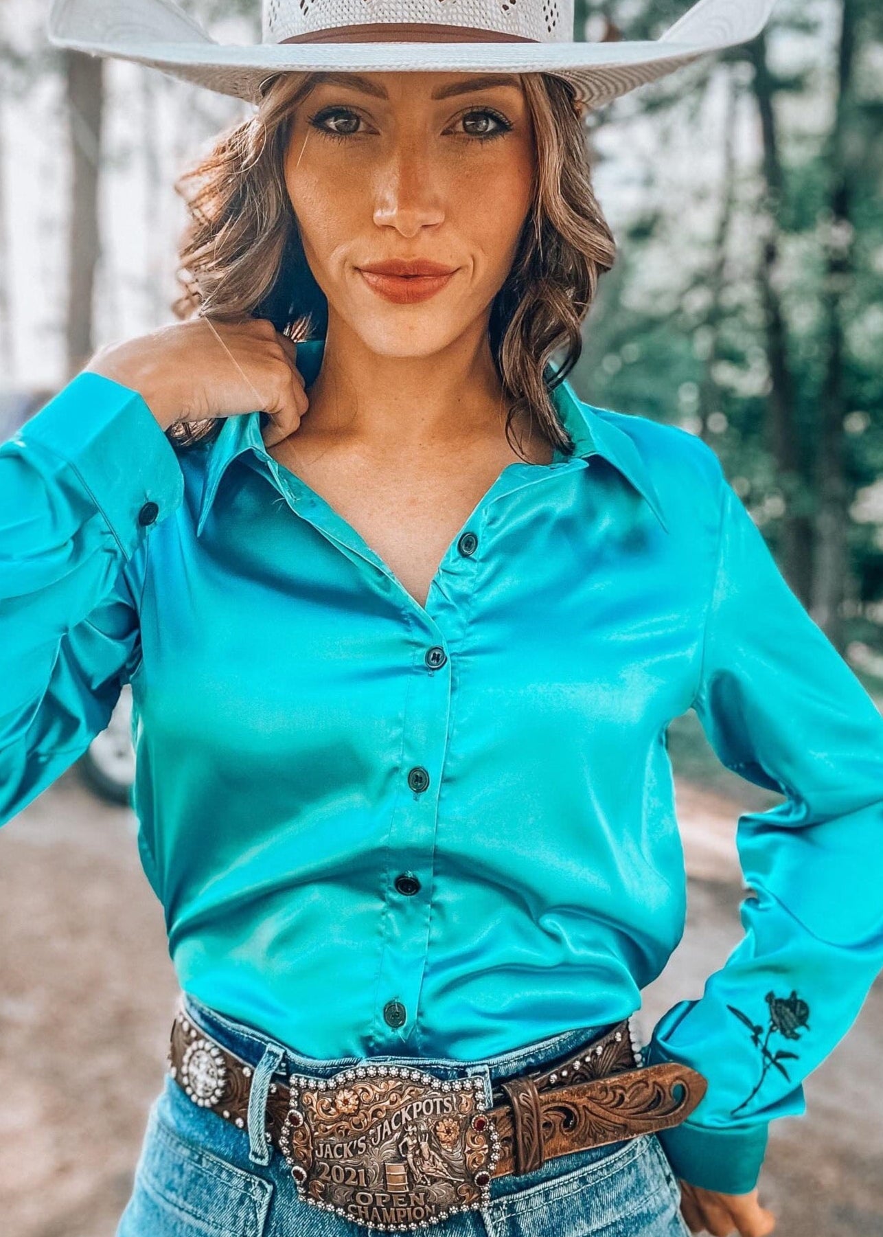 Aqua Southwest Satin Rodeo Shirt