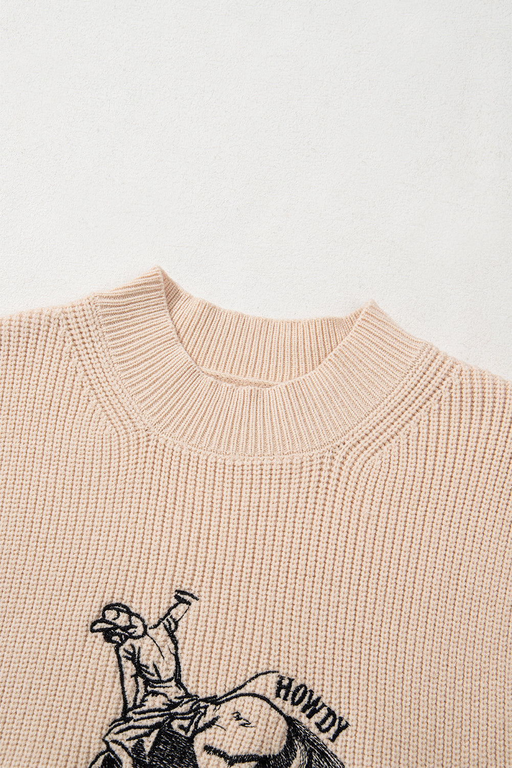 Oatmeal HOWDY Rodeo Cowboy Graphic High Neck Short Sleeve Sweater