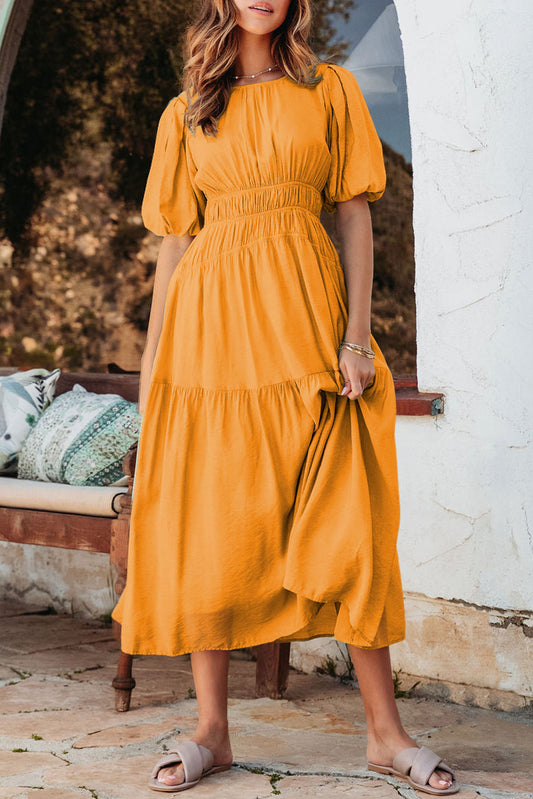 Grapefruit Orange Puff Sleeve Pleated High Waist Flowy Long Dress