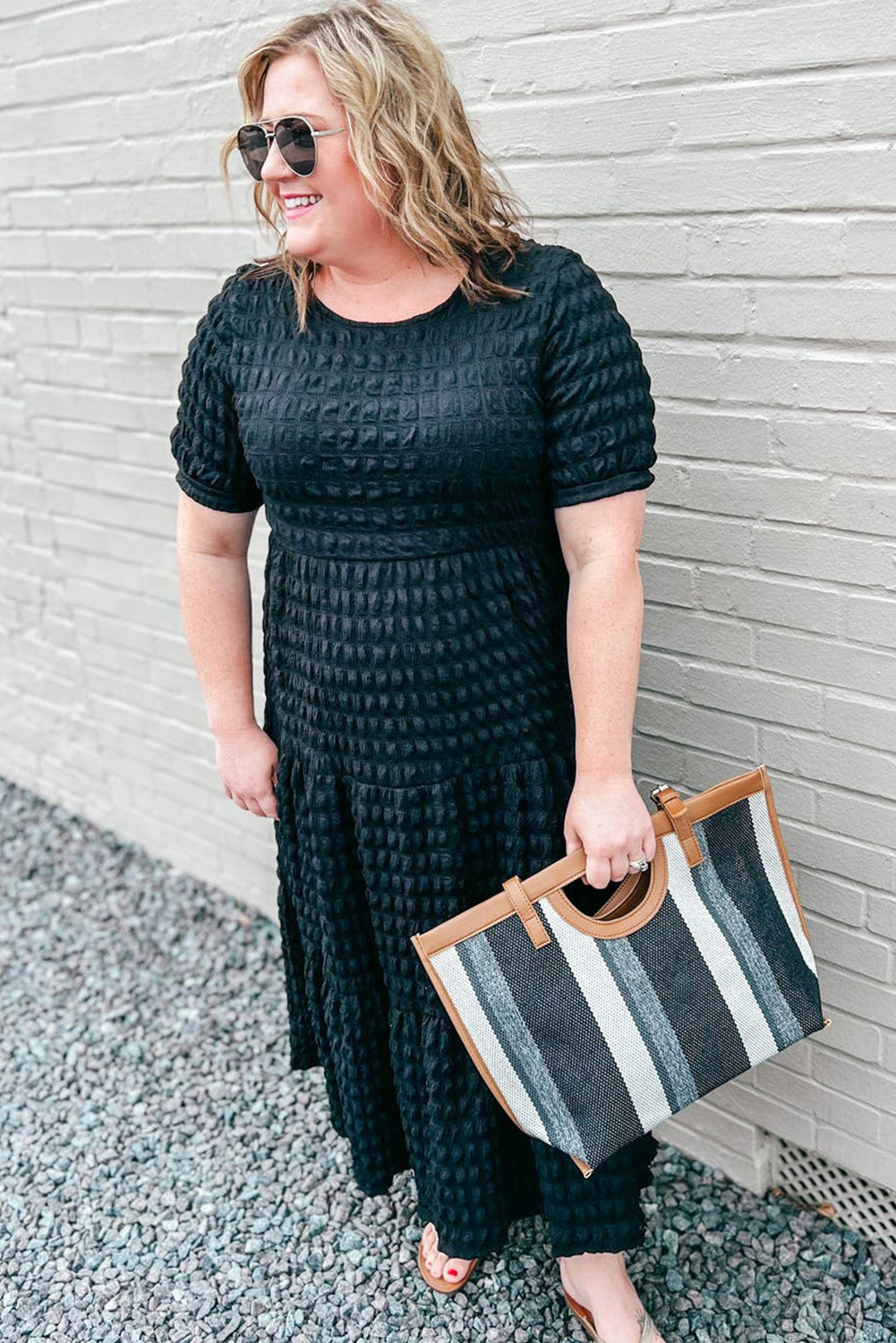Black Plus Size Textured Tiered Short Sleeve Maxi Dress