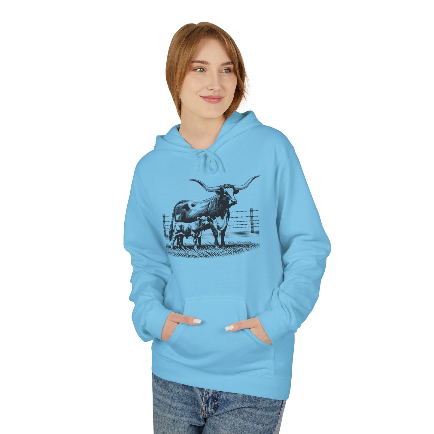 Longhorn Cattle Sketch Hoodie — Western Ranch Farm Animal Sweatshirt