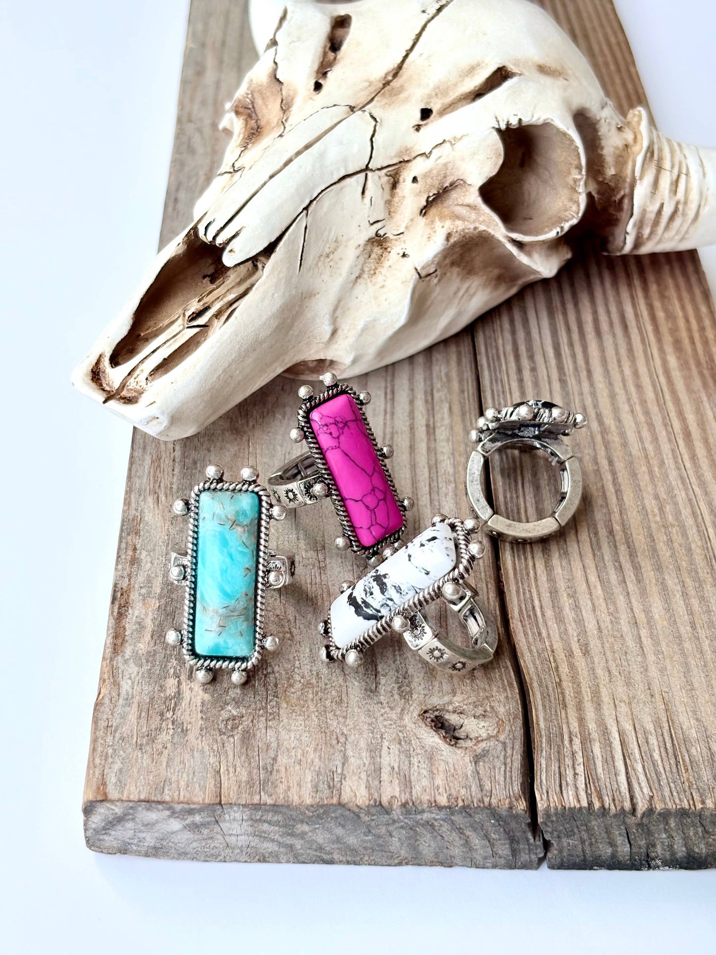 Western Rectangle Bar Concho Marble Stone Stretch Band Ring