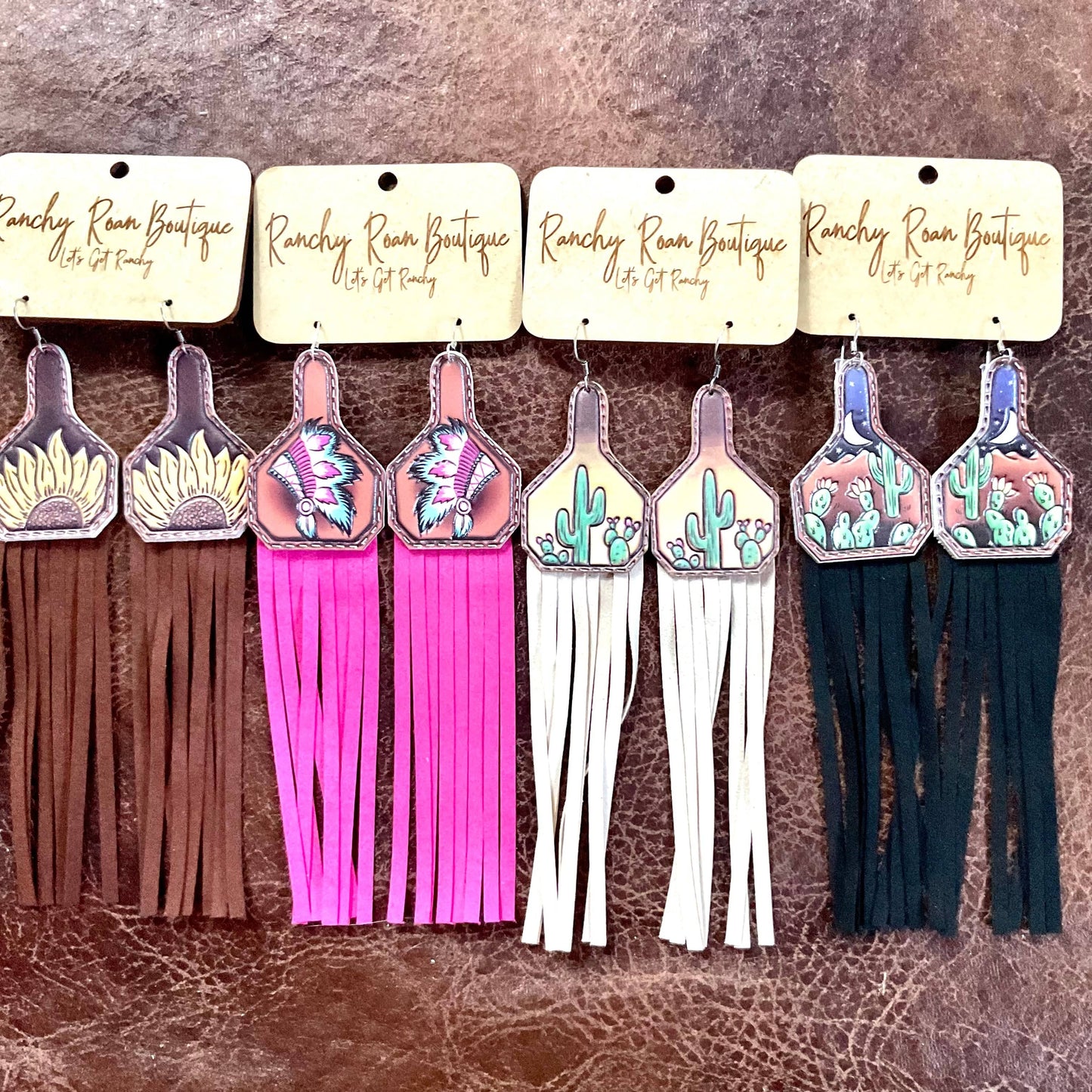 Feathered Indian Leather with Tassel Dangle Earrings
