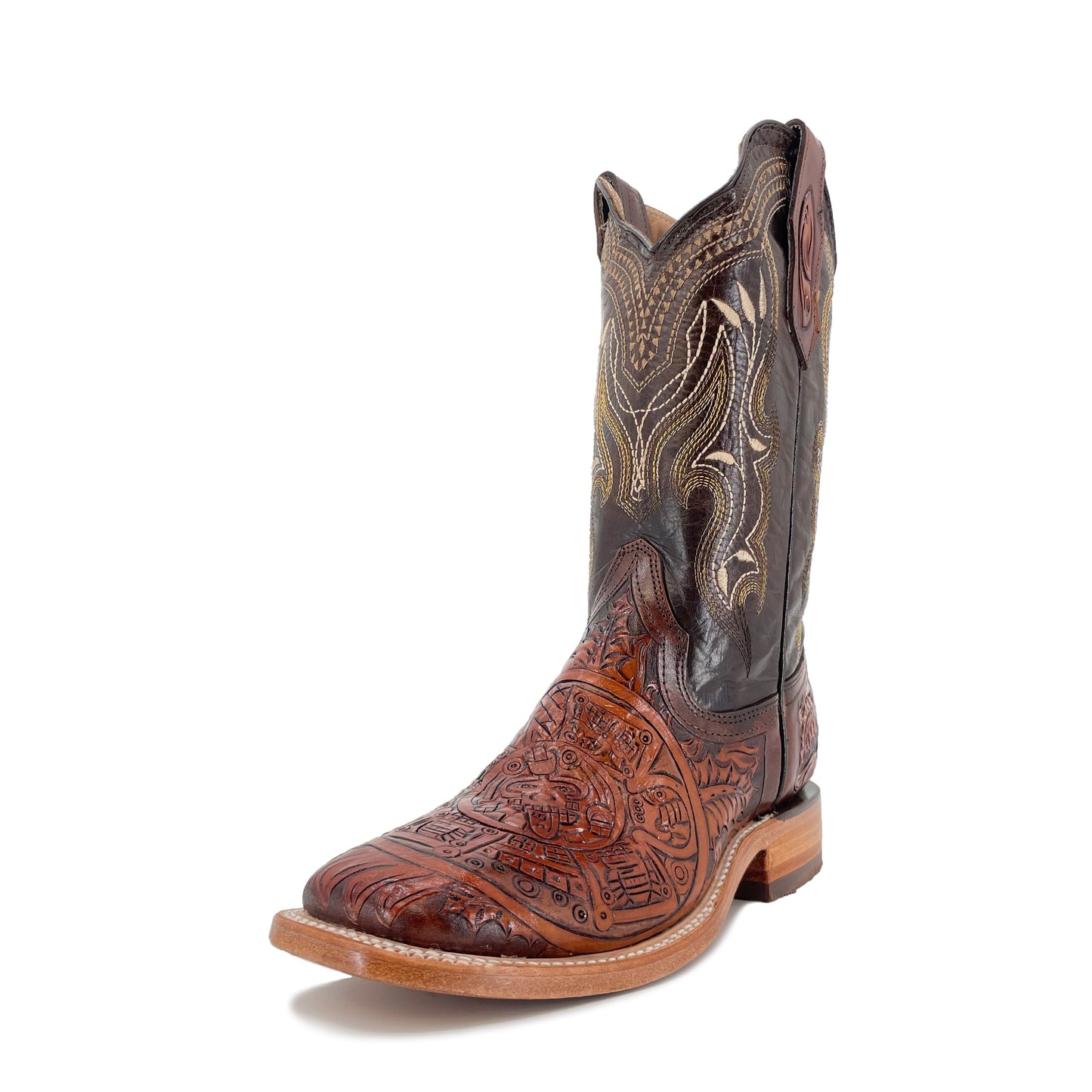 Men's Bulldog Hand Tooled Boots - Aztec Calendar Bitone