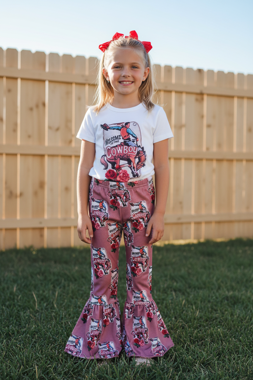 Cowboy Ranch Matching Sister Outfits | Girls Bell Bottom Set & Baby Onesie