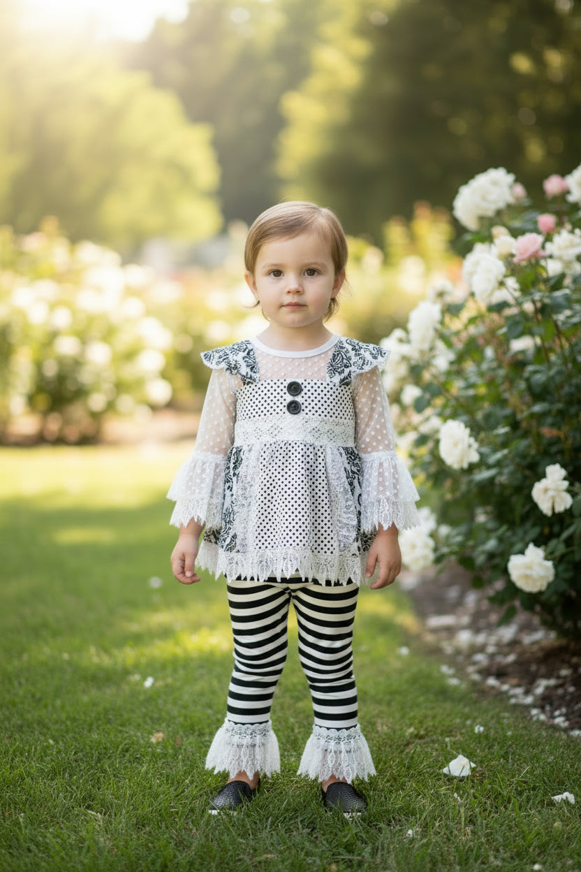 Girls Black and White Lace Outfit: Ruffle Top, Tunic & Striped Pants