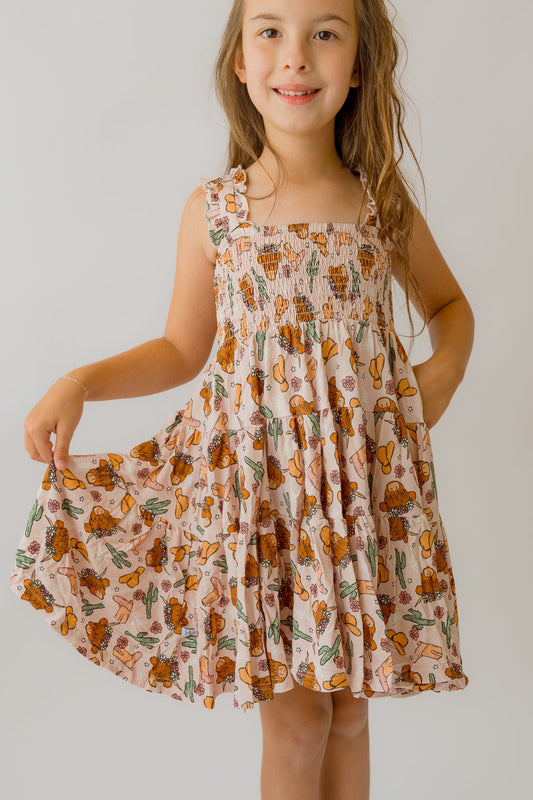 Pink Highland Cow Shirred Dress