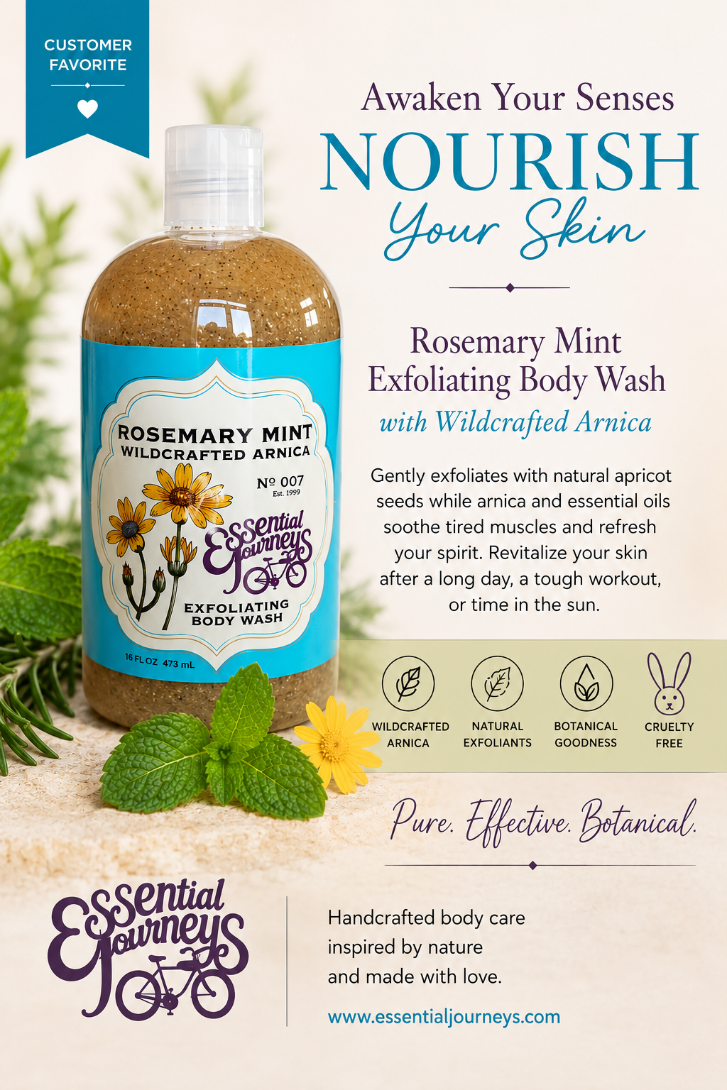 ROSEMARY MINT EXFOLIATING BODY WASH 16 oz. (with Arnica & Epsom Salt)