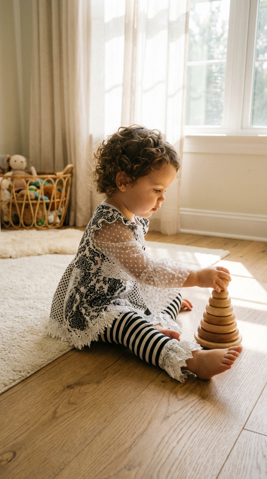 Girls Black and White Lace Outfit: Ruffle Top, Tunic & Striped Pants