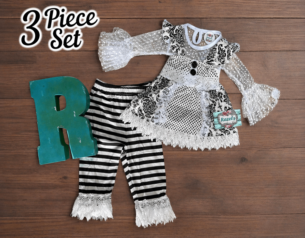 Girls Black and White Lace Outfit: Ruffle Top, Tunic & Striped Pants