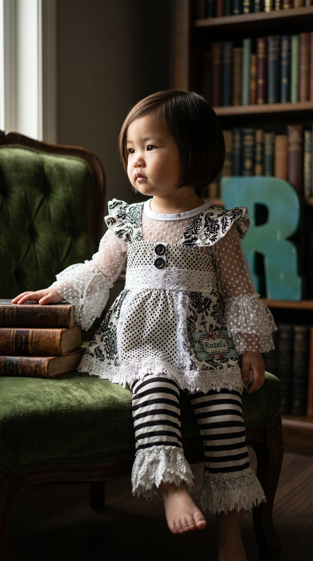 Girls Black and White Lace Outfit: Ruffle Top, Tunic & Striped Pants