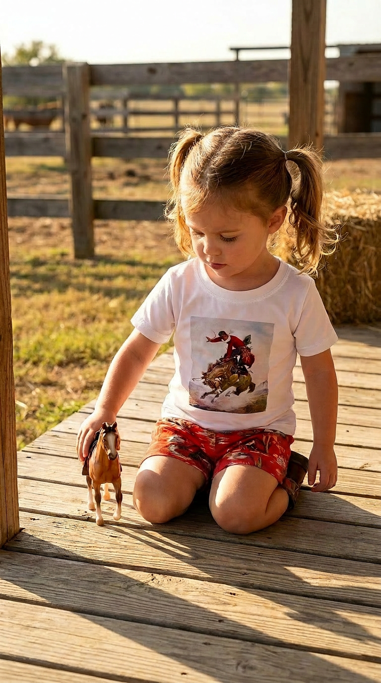 Girls Western Outfit | Cowgirl Short Set | Bronc Rider Tee & Cowboy Print Shorts