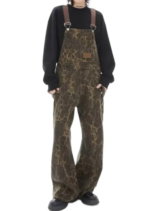 Wide Leg Multi Pocket Leopard Print Denim