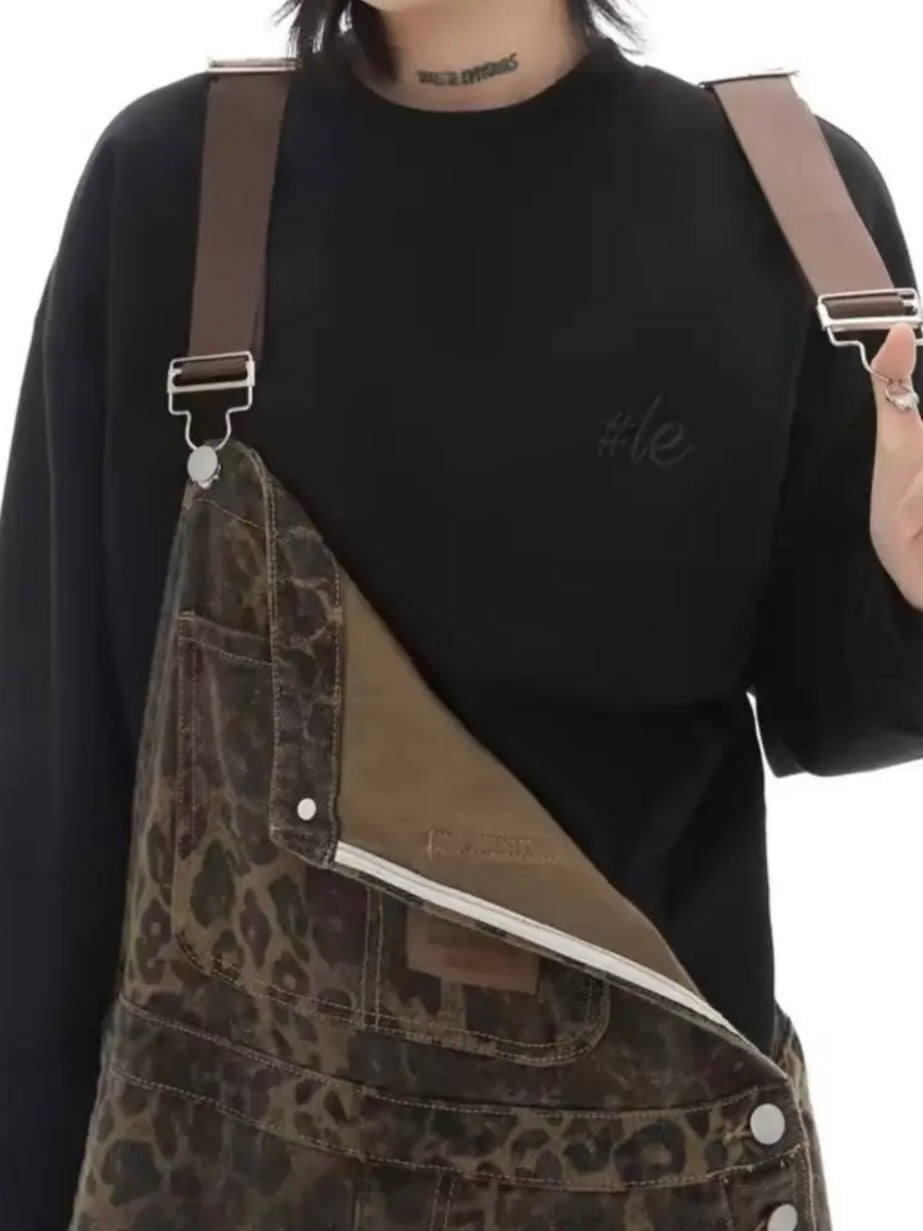 Wide Leg Multi Pocket Leopard Print Denim